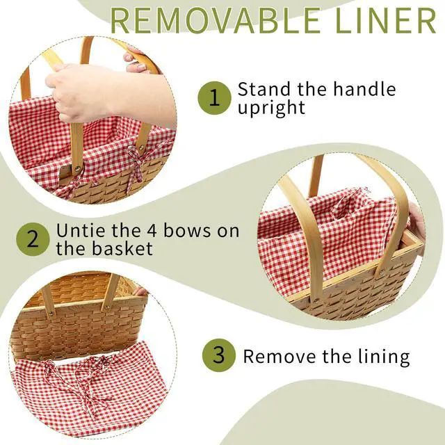 Alt view image 5 of 7 - 2 Sizes Picnic Basket, 16 in Woodchip Basket with Double Folding Handles,Woven Basket with Removable Red and White Liner for Storage, Egg Gathering, Wedding, Camping, Outdoor