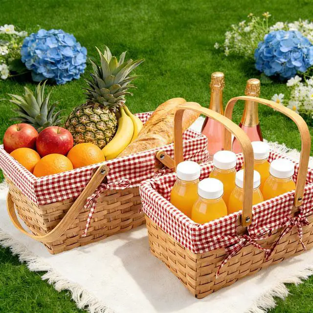 Alt view image 6 of 7 - 2 Sizes Picnic Basket, 16 in Woodchip Basket with Double Folding Handles,Woven Basket with Removable Red and White Liner for Storage, Egg Gathering, Wedding, Camping, Outdoor