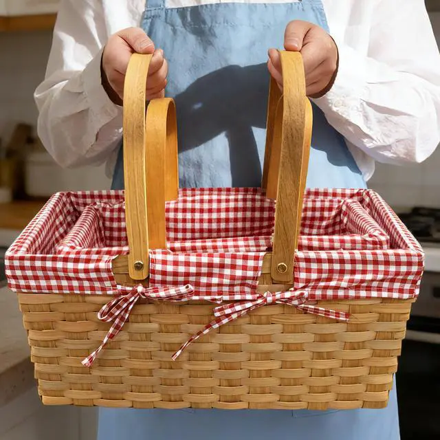 Alt view image 7 of 7 - 2 Sizes Picnic Basket, 16 in Woodchip Basket with Double Folding Handles,Woven Basket with Removable Red and White Liner for Storage, Egg Gathering, Wedding, Camping, Outdoor