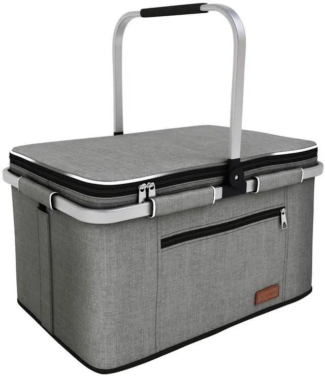 Main image of 35L Large Picnic Basket 2 Layers of Internal Pockets Leak-Proof and Insulated Folding with Internal Support for enhansed Stability, Wedding Gifts for Couple(Grey)