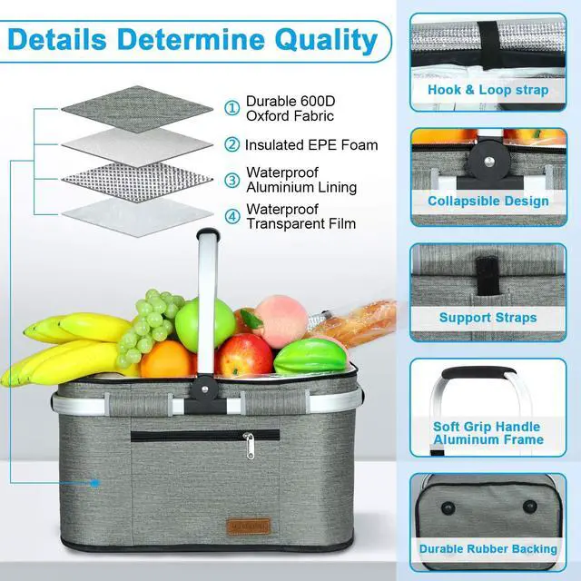 Alt view image 3 of 7 - 35L Large Picnic Basket 2 Layers of Internal Pockets Leak-Proof and Insulated Folding with Internal Support for enhansed Stability, Wedding Gifts for Couple(Grey)