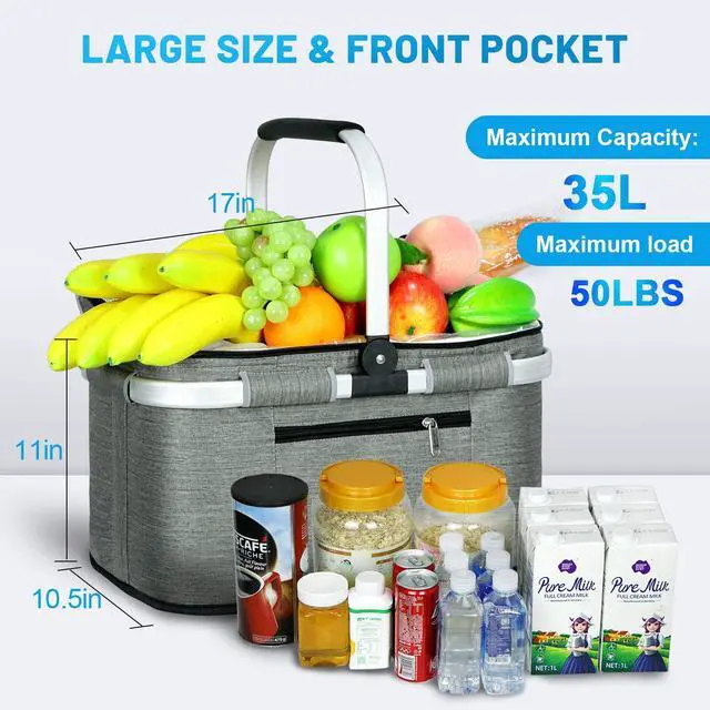 Alt view image 2 of 7 - 35L Large Picnic Basket 2 Layers of Internal Pockets Leak-Proof and Insulated Folding with Internal Support for enhansed Stability, Wedding Gifts for Couple(Grey)