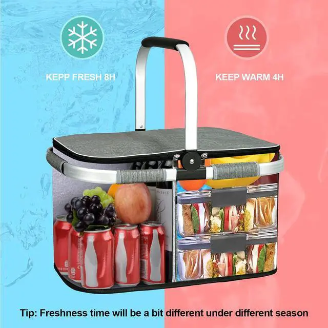 Alt view image 4 of 7 - 35L Large Picnic Basket 2 Layers of Internal Pockets Leak-Proof and Insulated Folding with Internal Support for enhansed Stability, Wedding Gifts for Couple(Grey)