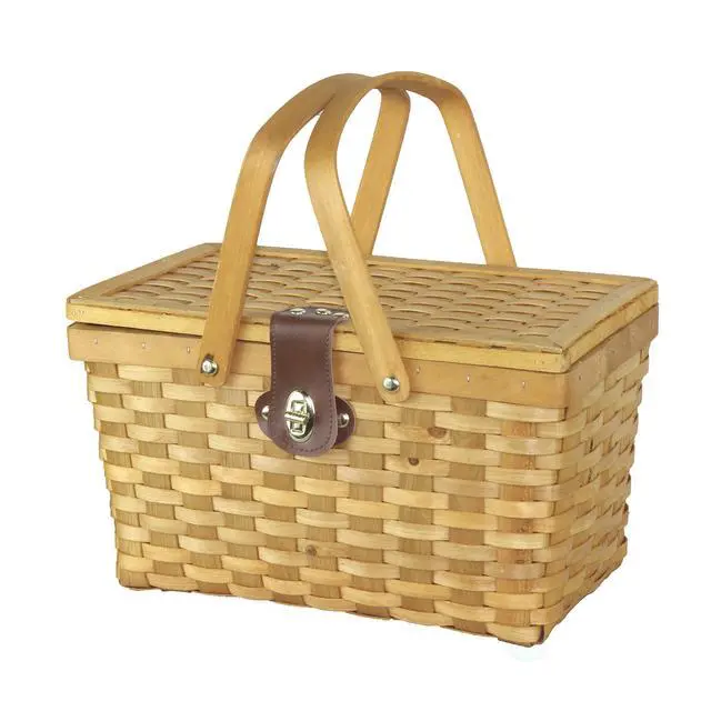Alt view image 3 of 5 - Wickerwise Gingham Lined Woodchip Picnic Basket with Lid and Movable Handles