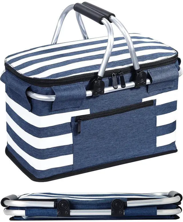 Main image of Insulated Picnic Basket,Leak-Proof Collapsible Cooler Bag,26L Grocery Basket with Lid,2 Sturdy Handles,Storage Basket for Picnic,Food Delivery,Take Outs,Market Shopping,Travel (Blue)