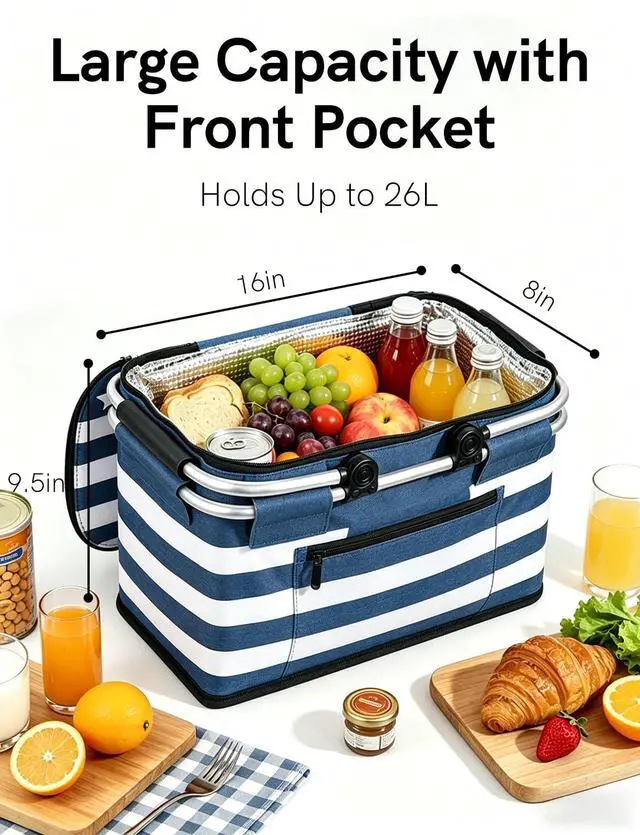 Alt view image 2 of 7 - Insulated Picnic Basket,Leak-Proof Collapsible Cooler Bag,26L Grocery Basket with Lid,2 Sturdy Handles,Storage Basket for Picnic,Food Delivery,Take Outs,Market Shopping,Travel (Blue)