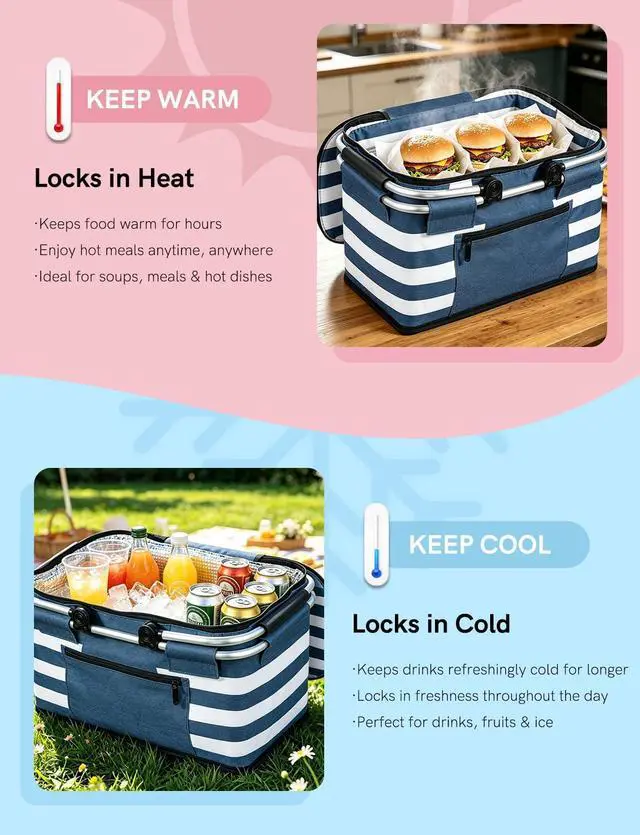 Alt view image 4 of 7 - Insulated Picnic Basket,Leak-Proof Collapsible Cooler Bag,26L Grocery Basket with Lid,2 Sturdy Handles,Storage Basket for Picnic,Food Delivery,Take Outs,Market Shopping,Travel (Blue)