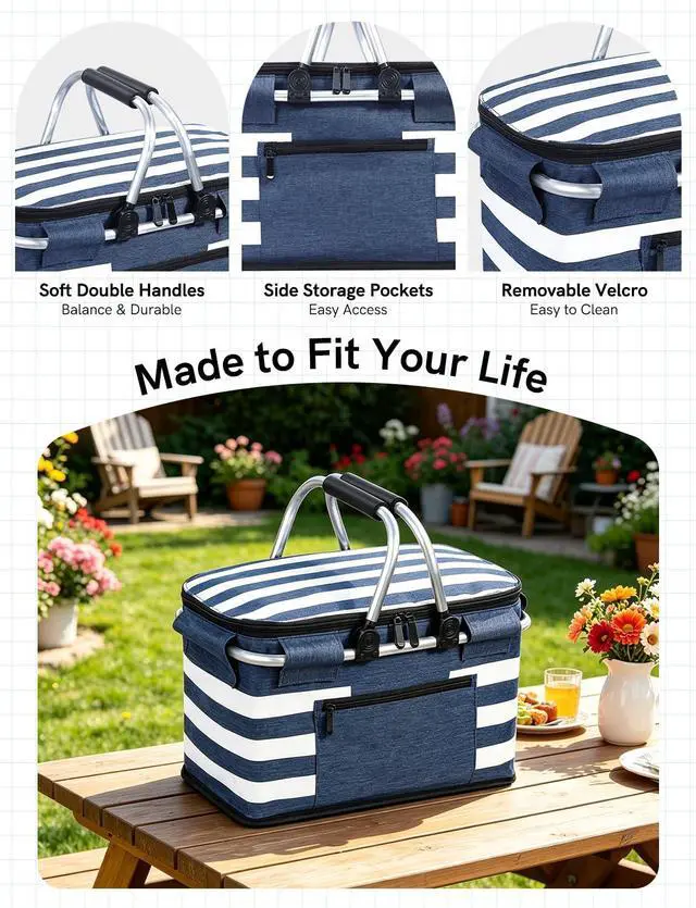 Alt view image 5 of 7 - Insulated Picnic Basket,Leak-Proof Collapsible Cooler Bag,26L Grocery Basket with Lid,2 Sturdy Handles,Storage Basket for Picnic,Food Delivery,Take Outs,Market Shopping,Travel (Blue)