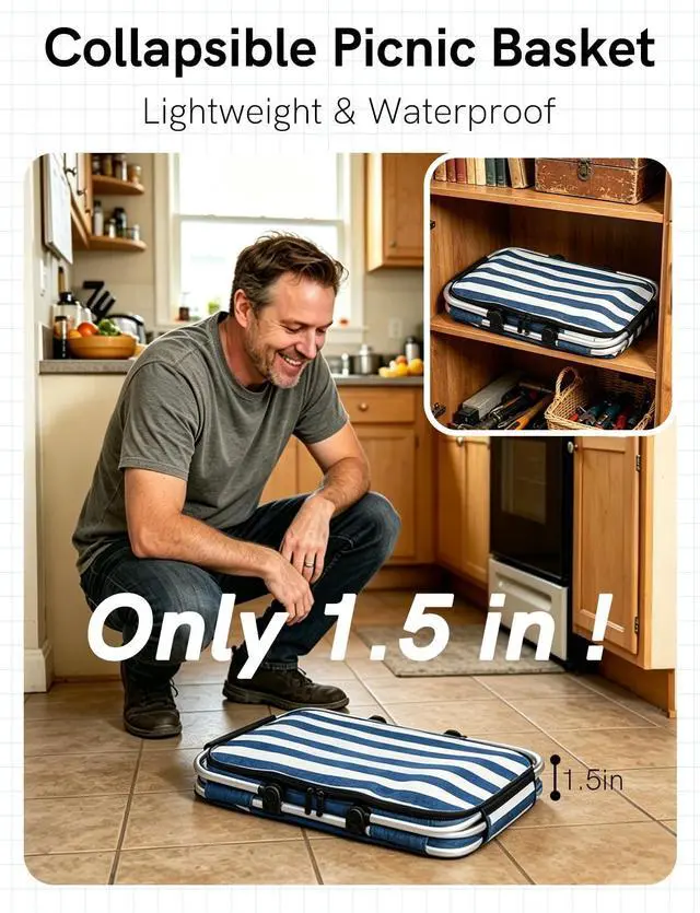 Alt view image 6 of 7 - Insulated Picnic Basket,Leak-Proof Collapsible Cooler Bag,26L Grocery Basket with Lid,2 Sturdy Handles,Storage Basket for Picnic,Food Delivery,Take Outs,Market Shopping,Travel (Blue)