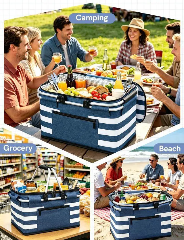 Alt view image 7 of 7 - Insulated Picnic Basket,Leak-Proof Collapsible Cooler Bag,26L Grocery Basket with Lid,2 Sturdy Handles,Storage Basket for Picnic,Food Delivery,Take Outs,Market Shopping,Travel (Blue)