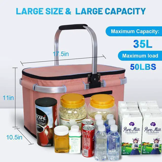 Alt view image 2 of 6 - 35L Large Picnic Basket 2 Layers of Internal Pockets Leak-Proof and Insulated Folding with Internal Support for enhansed Stability, Wedding Gifts for Couple(Salmon Color)