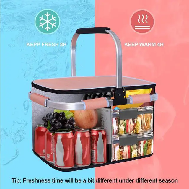 Alt view image 4 of 6 - 35L Large Picnic Basket 2 Layers of Internal Pockets Leak-Proof and Insulated Folding with Internal Support for enhansed Stability, Wedding Gifts for Couple(Salmon Color)