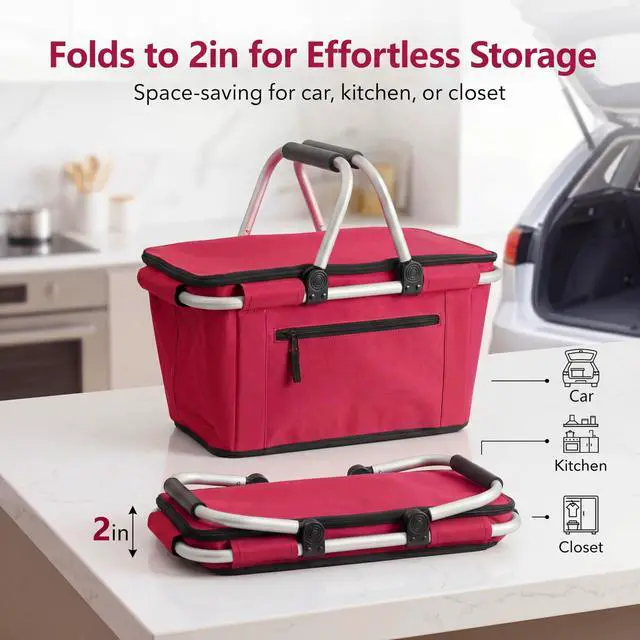 Alt view image 2 of 6 - Picnic Basket, SIYUAN 27L Collapsible Insulated Farmers Market Basket for Shopping Traveling Large Grocery Tote Bag with Handles Red