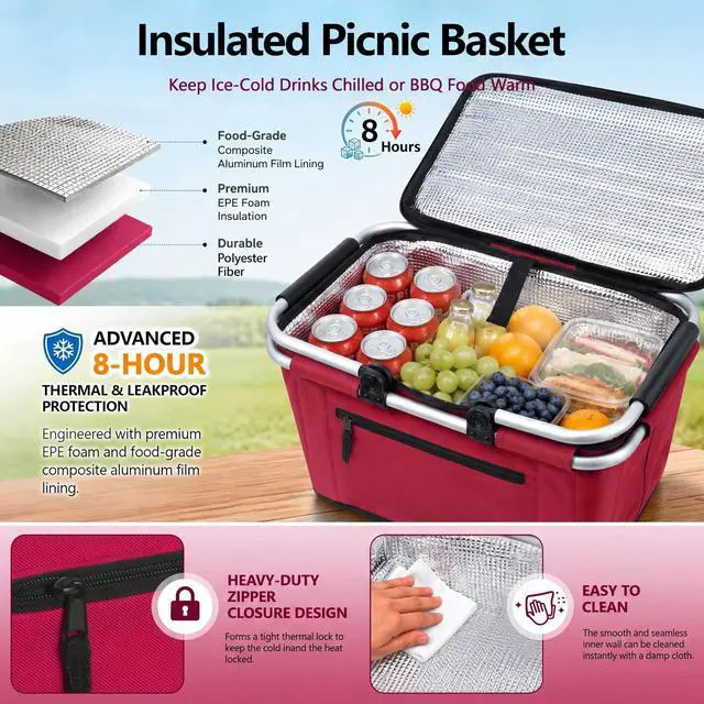 Alt view image 4 of 6 - Picnic Basket, SIYUAN 27L Collapsible Insulated Farmers Market Basket for Shopping Traveling Large Grocery Tote Bag with Handles Red