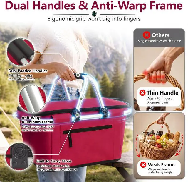 Alt view image 6 of 6 - Picnic Basket, SIYUAN 27L Collapsible Insulated Farmers Market Basket for Shopping Traveling Large Grocery Tote Bag with Handles Red