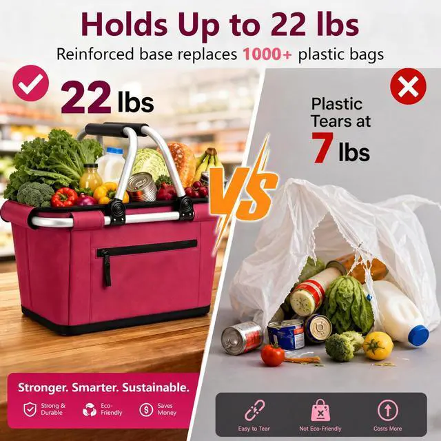 Alt view image 5 of 6 - Picnic Basket, SIYUAN 27L Collapsible Insulated Farmers Market Basket for Shopping Traveling Large Grocery Tote Bag with Handles Red