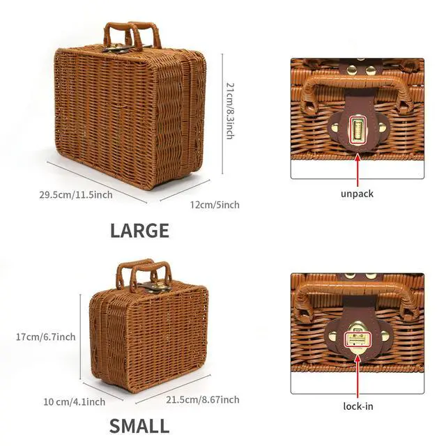 Alt view image 2 of 7 - Wicker Picnic Basket with Lid Picnic Basket Boxes Small Vintage Suitcase S