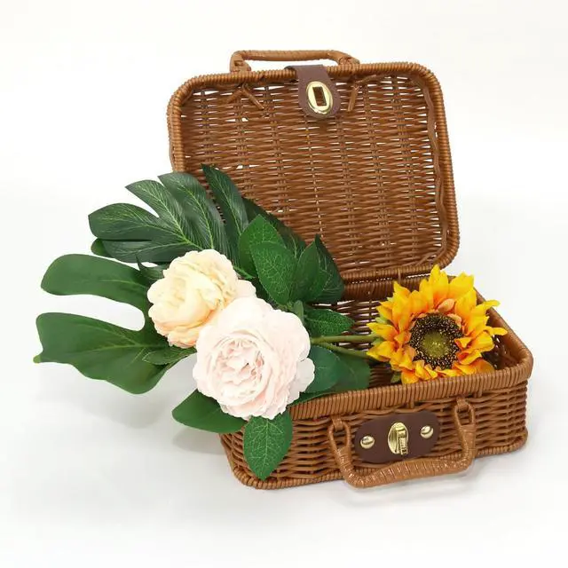 Alt view image 3 of 7 - Wicker Picnic Basket with Lid Picnic Basket Boxes Small Vintage Suitcase S