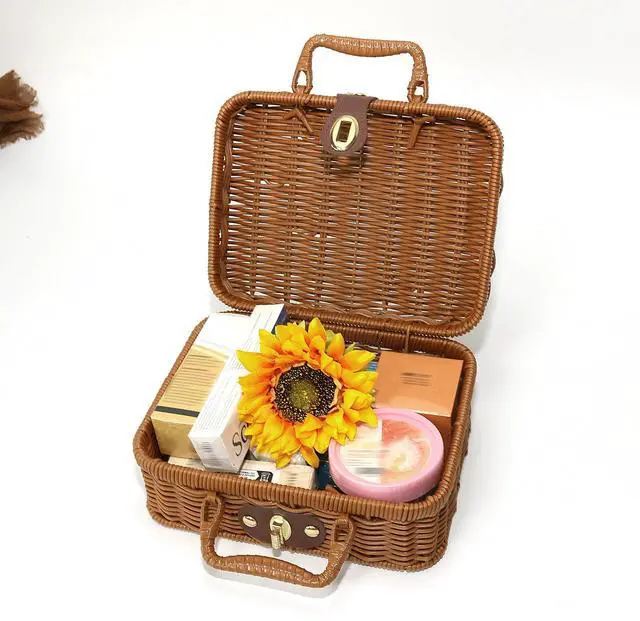 Alt view image 4 of 7 - Wicker Picnic Basket with Lid Picnic Basket Boxes Small Vintage Suitcase S