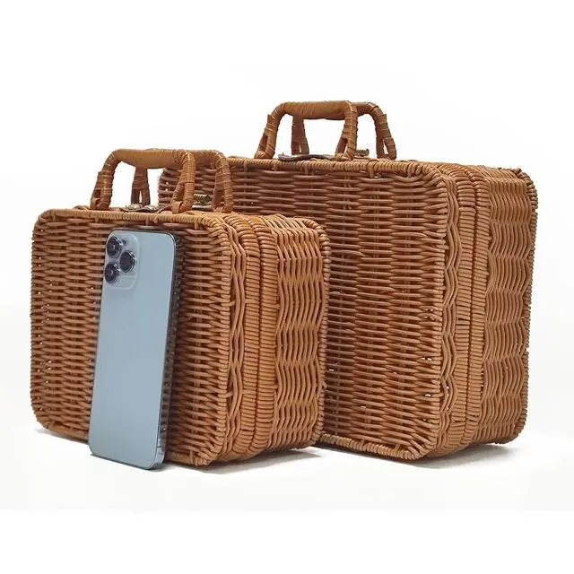 Alt view image 5 of 7 - Wicker Picnic Basket with Lid Picnic Basket Boxes Small Vintage Suitcase S