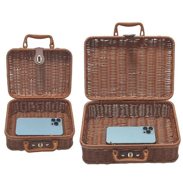 Alt view image 6 of 7 - Wicker Picnic Basket with Lid Picnic Basket Boxes Small Vintage Suitcase S