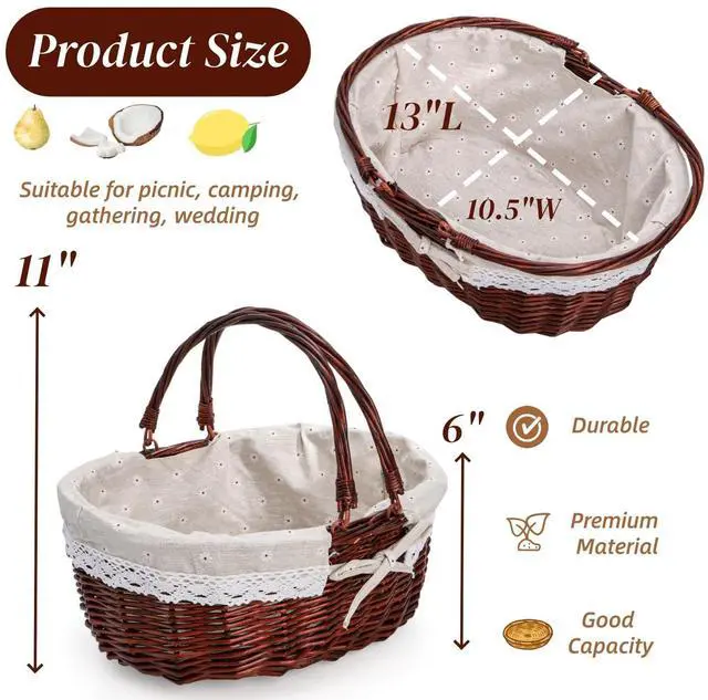 Alt view image 2 of 7 - Wicker Picnic Basket with Handle, Large Empty Gift Basket to fill, Open Top Market Harvest Baskets for Garden, Fruit, Candy, Wine, Egg Gathering, Wedding, Vegetables