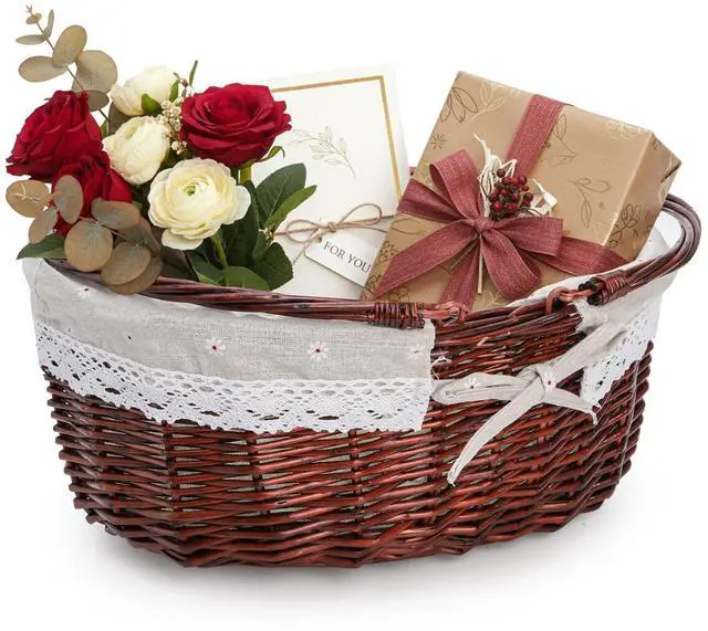 Alt view image 3 of 7 - Wicker Picnic Basket with Handle, Large Empty Gift Basket to fill, Open Top Market Harvest Baskets for Garden, Fruit, Candy, Wine, Egg Gathering, Wedding, Vegetables