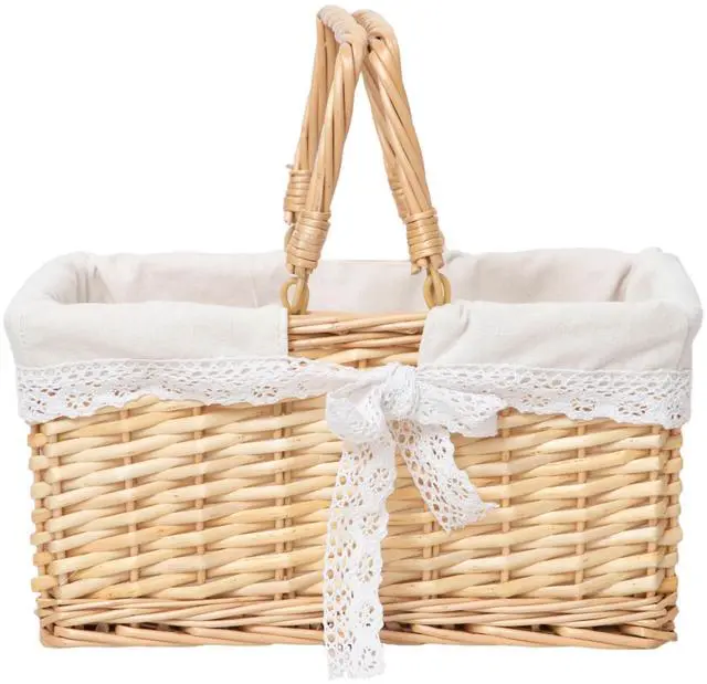 Main image of Handwoven Wicker Picnic Basket with Lace Lining, Natural Rattan Tote with Handles, Boho Basket for Outdoor Picnics, Bridal Showers, Weddings & Home Storage