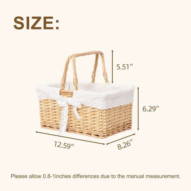 Alt view image 2 of 7 - Handwoven Wicker Picnic Basket with Lace Lining, Natural Rattan Tote with Handles, Boho Basket for Outdoor Picnics, Bridal Showers, Weddings & Home Storage