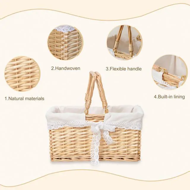 Alt view image 3 of 7 - Handwoven Wicker Picnic Basket with Lace Lining, Natural Rattan Tote with Handles, Boho Basket for Outdoor Picnics, Bridal Showers, Weddings & Home Storage