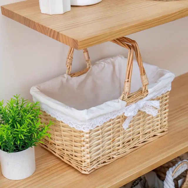 Alt view image 4 of 7 - Handwoven Wicker Picnic Basket with Lace Lining, Natural Rattan Tote with Handles, Boho Basket for Outdoor Picnics, Bridal Showers, Weddings & Home Storage