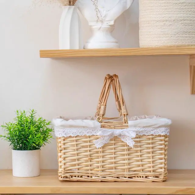 Alt view image 6 of 7 - Handwoven Wicker Picnic Basket with Lace Lining, Natural Rattan Tote with Handles, Boho Basket for Outdoor Picnics, Bridal Showers, Weddings & Home Storage