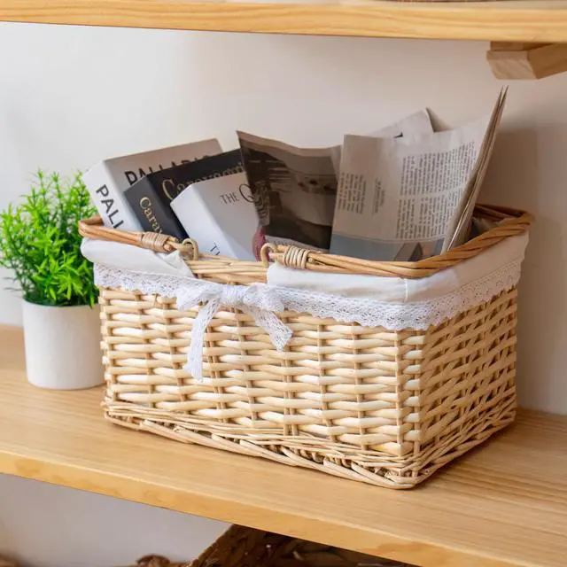 Alt view image 5 of 7 - Handwoven Wicker Picnic Basket with Lace Lining, Natural Rattan Tote with Handles, Boho Basket for Outdoor Picnics, Bridal Showers, Weddings & Home Storage