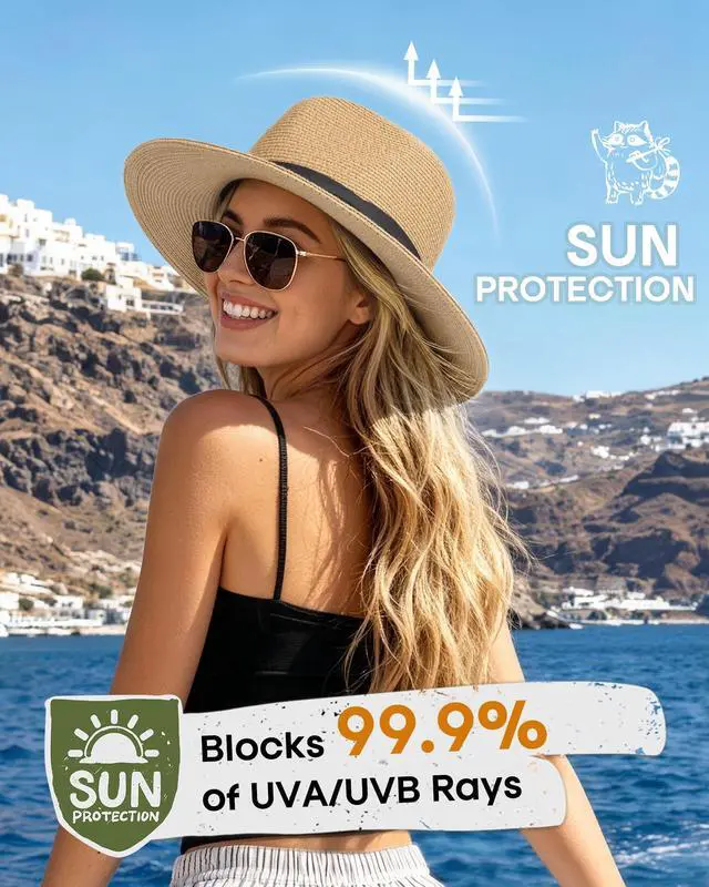 Alt view image 2 of 7 - Womens Mens Wide Brim Straw Panama Hat Fedora Summer Beach Sun Hat