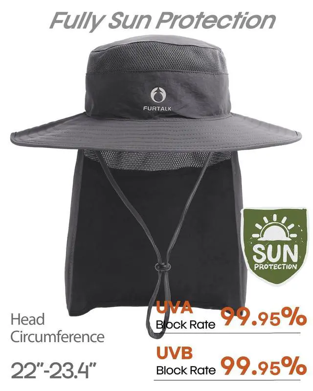 Alt view image 2 of 7 - Sun Hats for Men Women Fishing Hat with Neck Flap UPF 80+ Breathable Wide Brim Hiking Safari Summer Bucket Hats Dark Grey