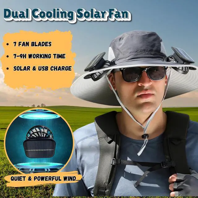 Alt view image 2 of 6 - Outdoor Wide Brim Sun Hat with 2 Solar Fan Sun Bucket Hat for Men Women UPF 50+ Bucket Fishing & Beach Hat with Fan Built in (US, Alpha, Medium, XX-Large, Black)