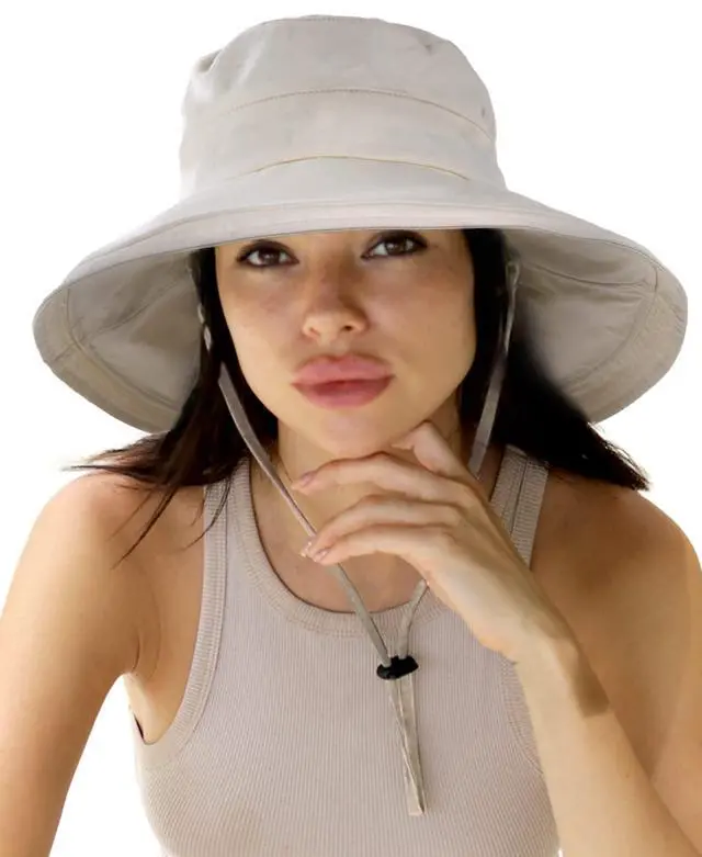 Main image of Womens Sun Hat with Ponytail Hole Cotton Shapeable Wide Brim Beige