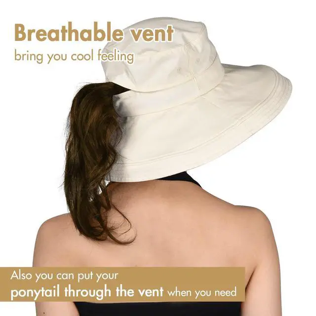 Alt view image 4 of 7 - Womens Sun Hat with Ponytail Hole Cotton Shapeable Wide Brim Beige