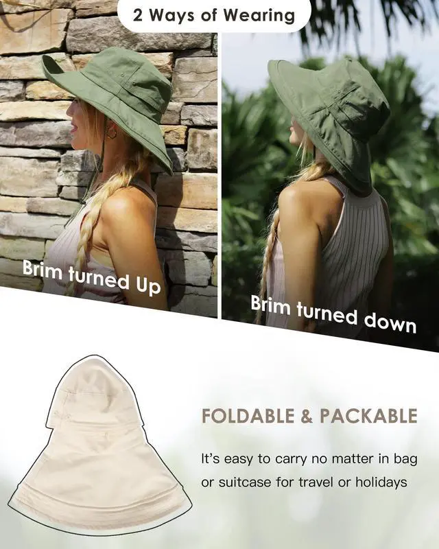 Alt view image 7 of 7 - Womens Sun Hat with Ponytail Hole Cotton Shapeable Wide Brim Beige