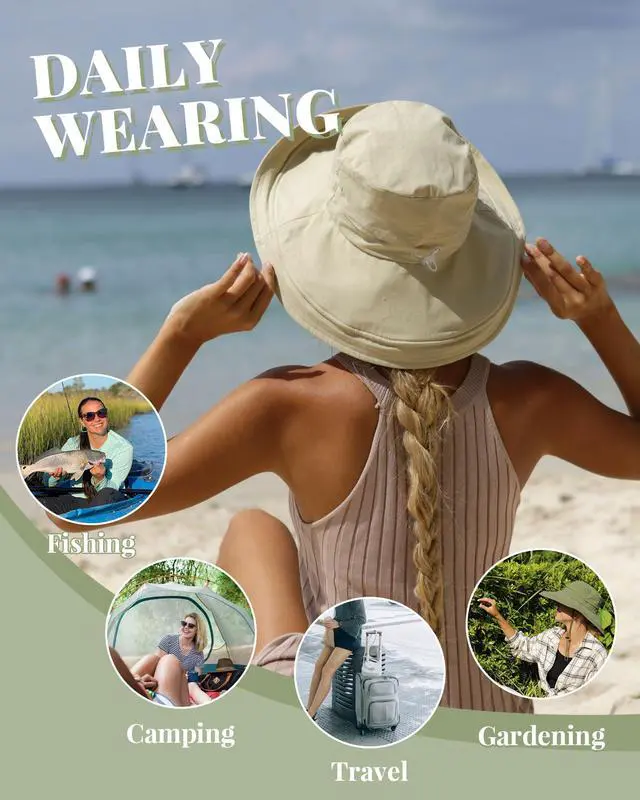 Alt view image 5 of 7 - Womens Sun Hat with Ponytail Hole Cotton Shapeable Wide Brim Beige