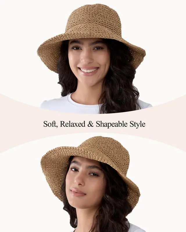 Alt view image 2 of 7 - Womens Crochet Straw Sun Hat Foldable Floppy Wide Brim Beach Hat for Summer (US, Alpha, One Size, Khaki)