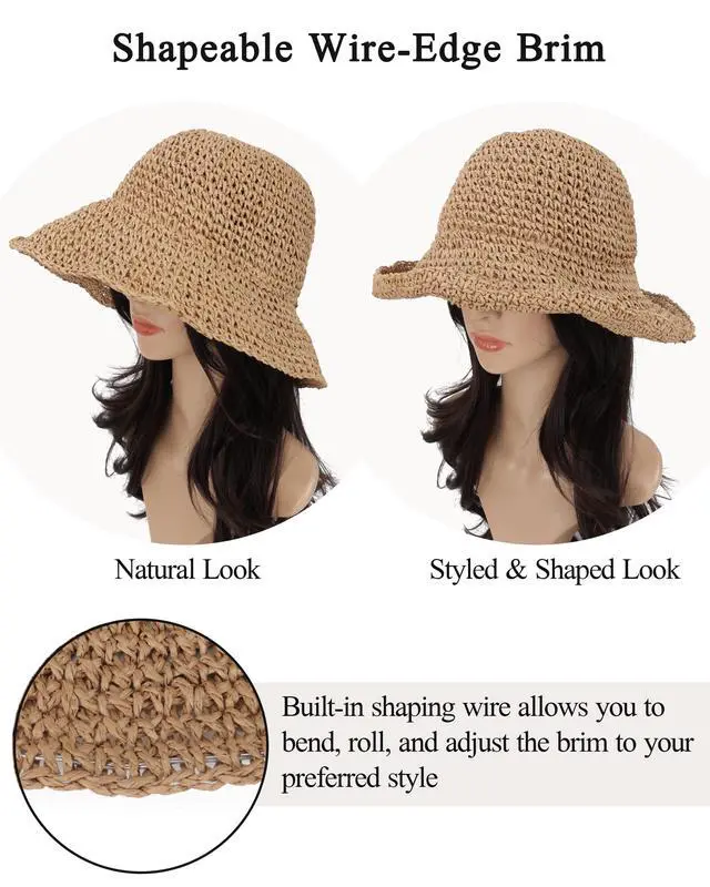Alt view image 4 of 7 - Womens Crochet Straw Sun Hat Foldable Floppy Wide Brim Beach Hat for Summer (US, Alpha, One Size, Khaki)