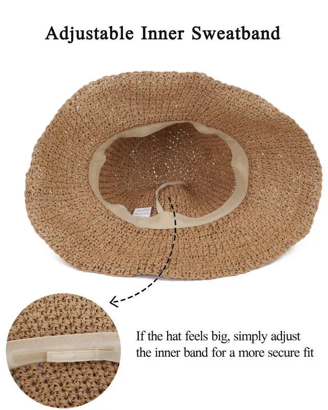 Alt view image 6 of 7 - Womens Crochet Straw Sun Hat Foldable Floppy Wide Brim Beach Hat for Summer (US, Alpha, One Size, Khaki)