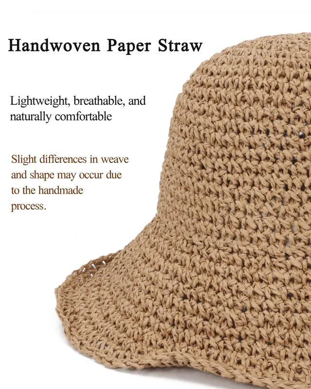 Alt view image 3 of 7 - Womens Crochet Straw Sun Hat Foldable Floppy Wide Brim Beach Hat for Summer (US, Alpha, One Size, Khaki)
