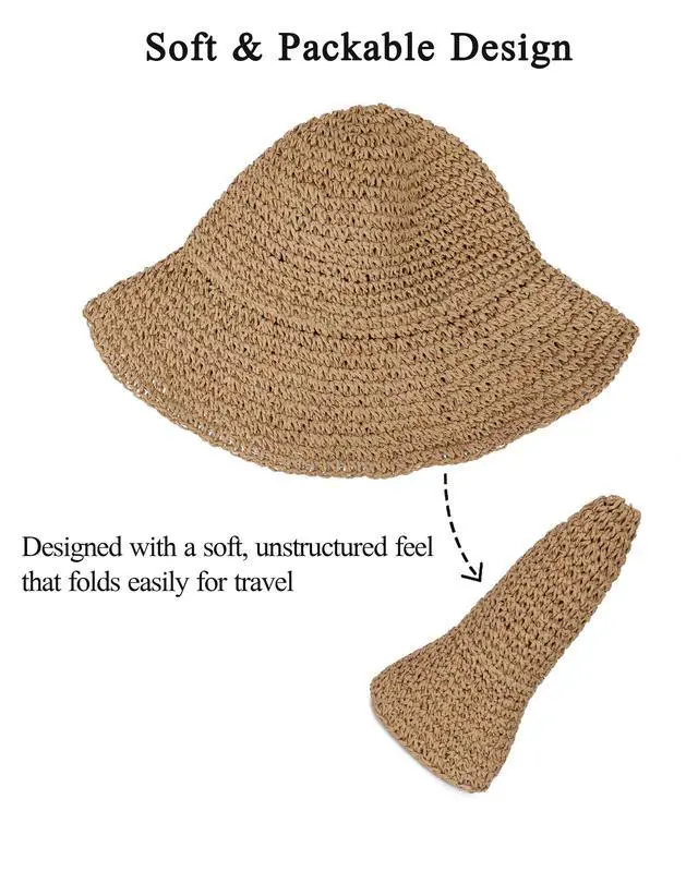 Alt view image 7 of 7 - Womens Crochet Straw Sun Hat Foldable Floppy Wide Brim Beach Hat for Summer (US, Alpha, One Size, Khaki)