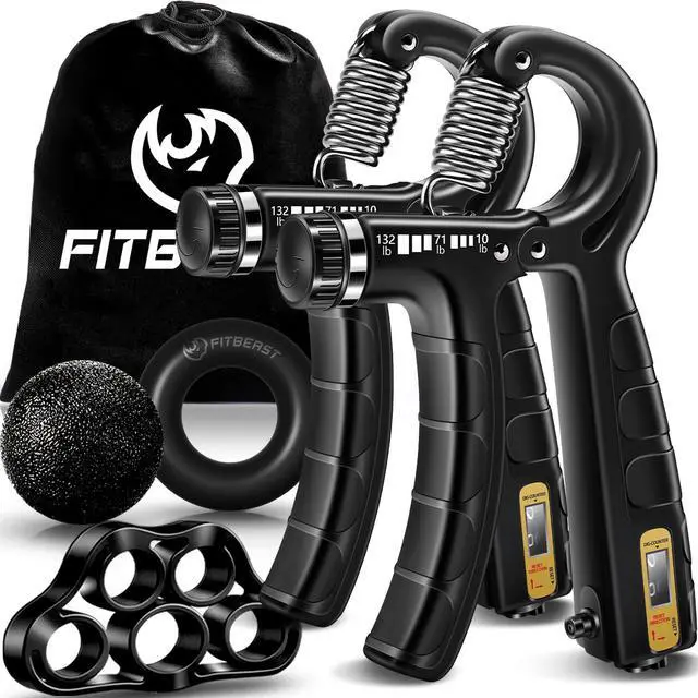 Main image of Hand Grip Strengthener Workout Kit (5 Pack), 2 Forearm Grip Adjustable Resistance Hand Gripper, Finger Stretcher, Grip Ring & Stress Relief Grip Ball for Athletes, Black