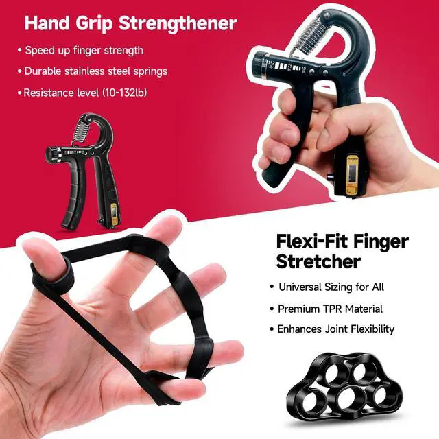 Alt view image 3 of 6 - Hand Grip Strengthener Workout Kit (5 Pack), 2 Forearm Grip Adjustable Resistance Hand Gripper, Finger Stretcher, Grip Ring & Stress Relief Grip Ball for Athletes, Black