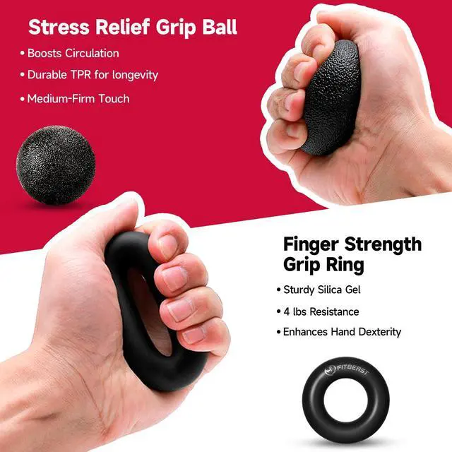Alt view image 4 of 6 - Hand Grip Strengthener Workout Kit (5 Pack), 2 Forearm Grip Adjustable Resistance Hand Gripper, Finger Stretcher, Grip Ring & Stress Relief Grip Ball for Athletes, Black