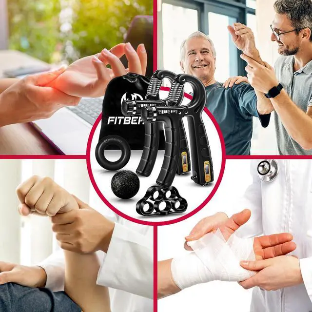 Alt view image 5 of 6 - Hand Grip Strengthener Workout Kit (5 Pack), 2 Forearm Grip Adjustable Resistance Hand Gripper, Finger Stretcher, Grip Ring & Stress Relief Grip Ball for Athletes, Black