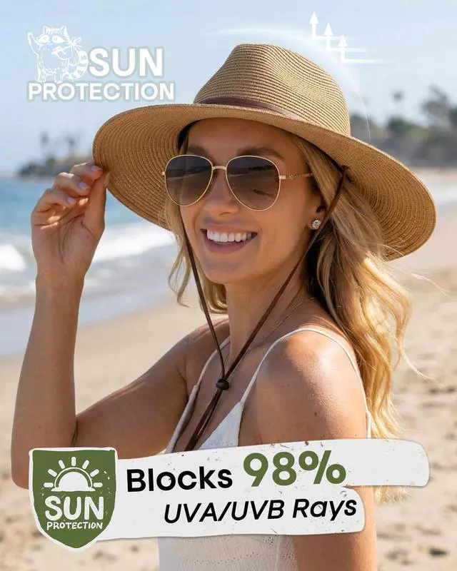 Alt view image 2 of 7 - Sun Hat Panama Fedora Straw Beach Hat with Wind Lanyard UPF Khaki